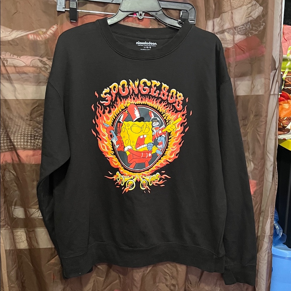 Nickelodeon Black Crewneck Sweater with SpongeBob Flame Design